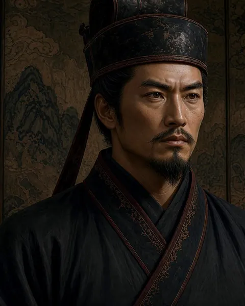 Painted portrait of Qin Shi Huang, the first emperor of China, in dark robes